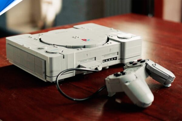 LEGO PlayStation set reveal trailer still showing the brick-built original PlayStation