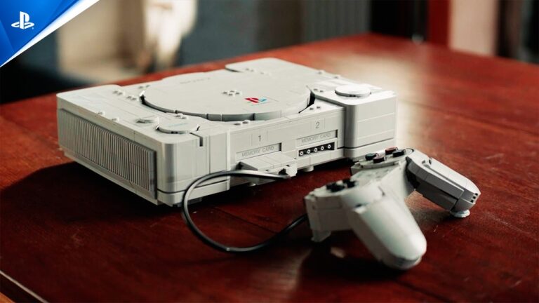 LEGO PlayStation set reveal trailer still showing the brick-built original PlayStation